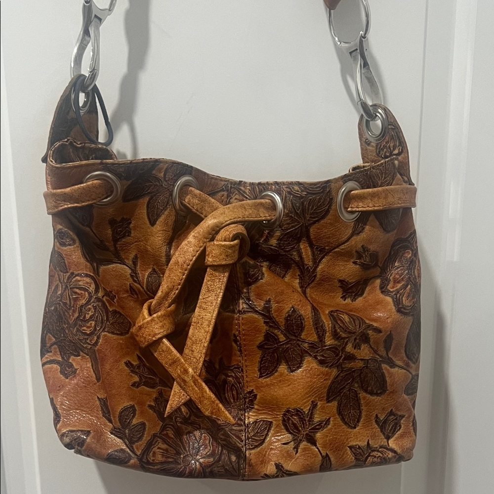 Vintage Floral Embossed Leather Shoulder Bucket Bag with Silver Hardware